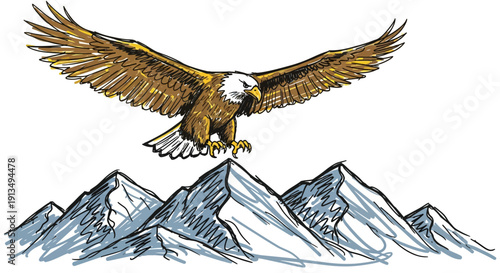 Majestic bald eagle with outstretched wings soaring above a rugged mountain range, hand-drawn sketch illustration.