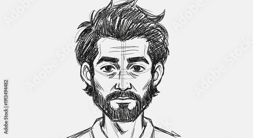 Detailed black and white sketch of a man's face with a beard and messy hair, looking directly forward.