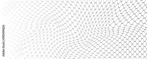 Fishing or soccer net. Repeated hexagon pattern. Black wired mesh texture isolated on white background. Metallic or fabric fence, cage or lattice structure. Vector graphic Illustration.