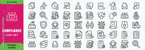 Compliance line editable icon set. Contain icons related to compliance, regulatory, governance, corporate, transparency, regulations and more. Editable stroke. Vector illustration