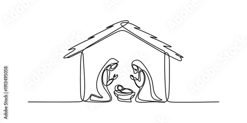 Minimalist single line drawing of the nativity scene with mary joseph and baby jesus in a stable Vector, illustration