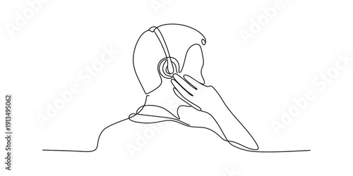 Continuous line drawing of a person wearing a headset while working in customer support. Vector, illustration