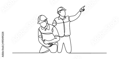 Continuous line drawing of two construction workers in hard hats planning on a site. Vector, illustration