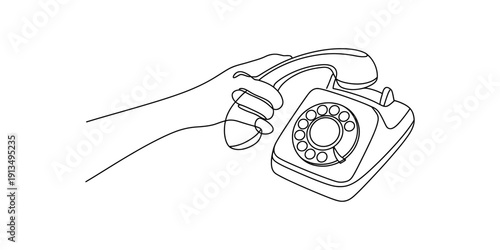 A line drawing of a hand holding the handset of an old-fashioned rotary dial telephone Vector, illustration