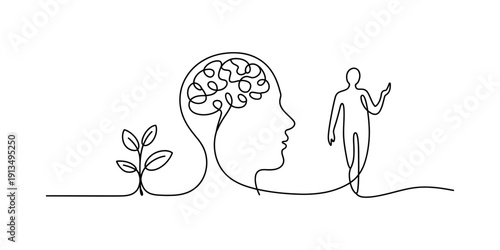 Continuous line drawing representing personal growth, mental health, and human development. Vector, illustration