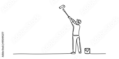 Continuous line drawing of a professional painter using a roller to paint a wall and ceiling. Vector, illustration