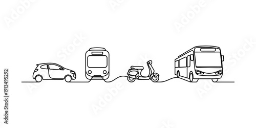 Minimalist one line art illustration showing different public and private city transport options. Vector, illustration