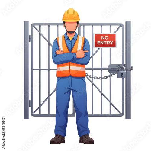 Workplace Safety Worker Refusing Entry Factory Access Control Flat Vector Illustration