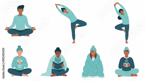 Flat vector yoga session of seven practitioners in serene poses, arranged two rows on white background, calm atmosphere
