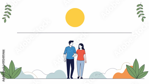 Flat vector lovers strolling across a serene hillside with sunlit sky, calm landscape, gentle clouds, vibrant colors, intimate embrace