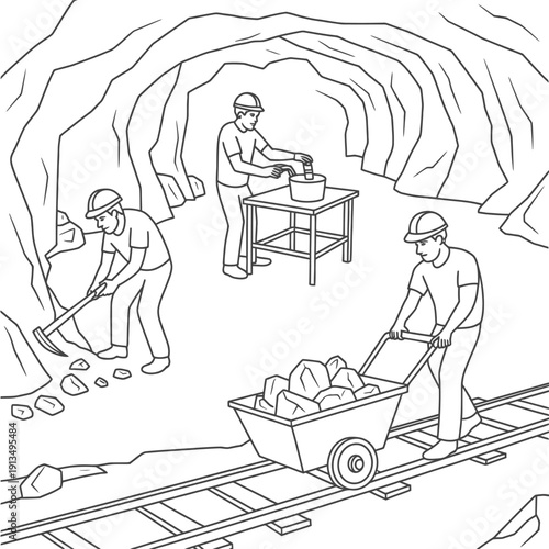 Line drawing depicts miners working within a dark underground cave environment