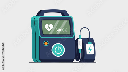 Close‑up graphic of a dark‑blue AED device with handle, screen, pad, next to carrying bag and cord, set against background