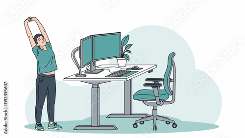 Cartoon Man Stretches at Desk in Teal Office, Highlighting Relaxation Amid Work Break