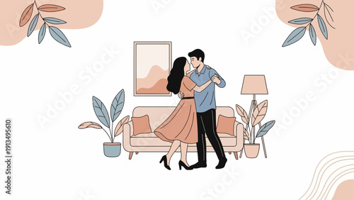 Illustrated Man and Woman Dancing in Livingroom, Handhold, Romance Evening, Digital Illustration