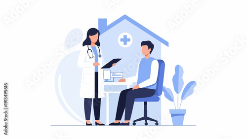 Doctor consults patient in office graphic showing tablet, computer, plant, house, and professional environment