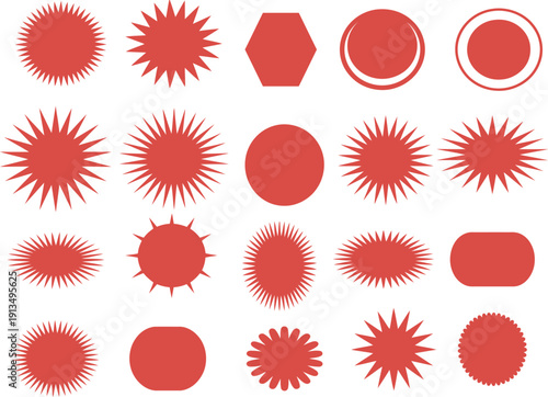 red starburst price tags burst stickers promo sale badges sunburst shapes and geometric labels isolated on white background.