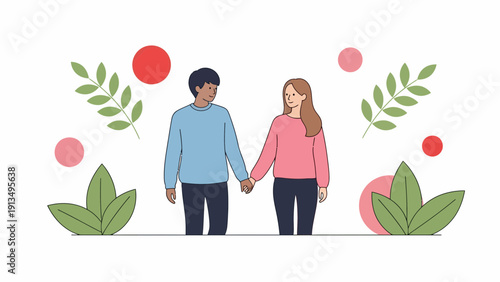 Couple Holding Hands Among Leaves and Flowers in a Pastel Illustration of Love and Nature