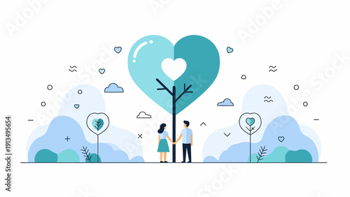 Couple Stands Before Heart‑Shaped Tree Amid Blue‑Green Pastel Leaves, Radiating Love and Serenity