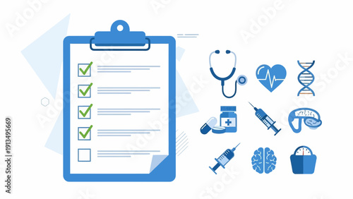 Blue Clipboard with Checklist beside Stethoscope, Heart, DNA, and Brain Icons – Professional Healthcare Design