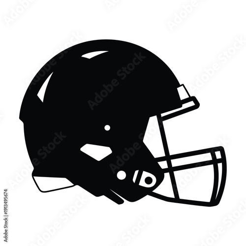 A black and white illustration of an american football helmet side view