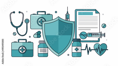 Showcasing a Shield, Bag, Stethoscope, Thermometer, Clipboard, Syringe, and Heart in a centered medical icon graphic against a clean white background