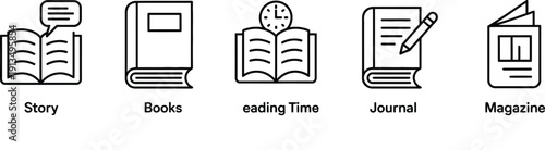 Story books and journals with reading time magazine and educational literature symbols for library and school.