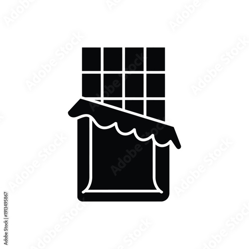 A black silhouette of a partially broken chocolate bar is shown