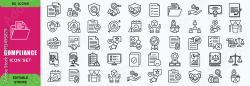 Compliance line editable icon set. Contain icons related to compliance, regulatory, governance, corporate, transparency, regulations and more. Editable stroke. Vector illustration