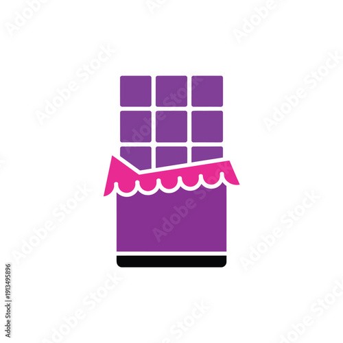 A stylized purple chocolate bar with a partially unwrapped wrapper
