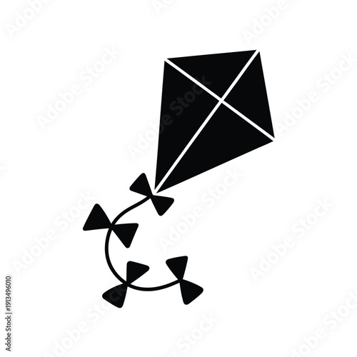 Simple black and white illustration of a diamond kite with a tail