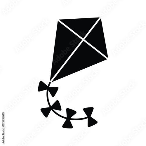 Simple black and white illustration of a diamond shaped kite with a tail