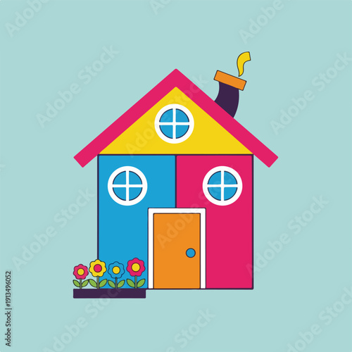A brightly colored cartoon house with windows, a chimney, and flowers