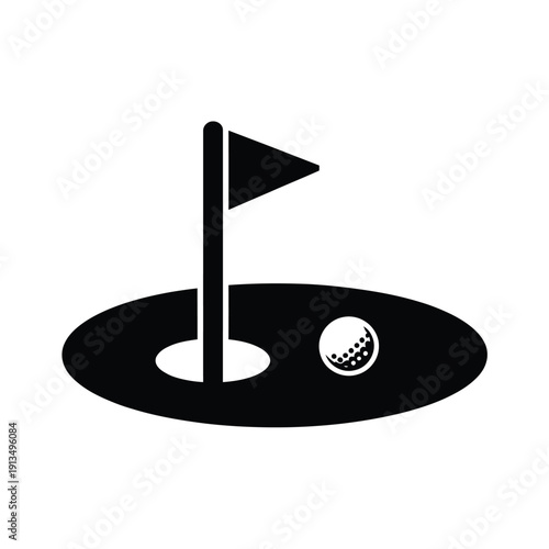 A simple black and white icon depicting a golf hole with a flag