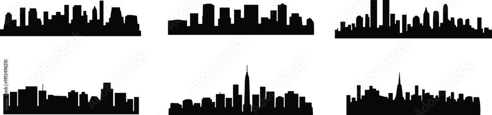 Obraz premium Black silhouette city skylines collection with diverse buildings, urban architecture, cultural landmarks, global cityscape design vector illustration set background.