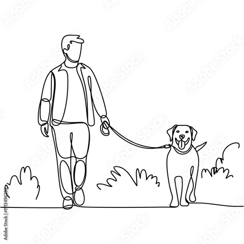 A continuous line drawing depicts a man walking his dog outdoors