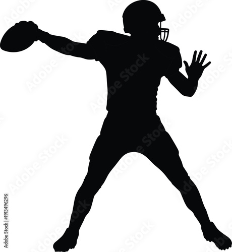 Black silhouette of American football quarterback in helmet wide stance preparing to throw ball, dynamic vector illustration of sports action design.
