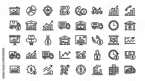 Collection of Business and Finance Icons with Graphs and Charts.