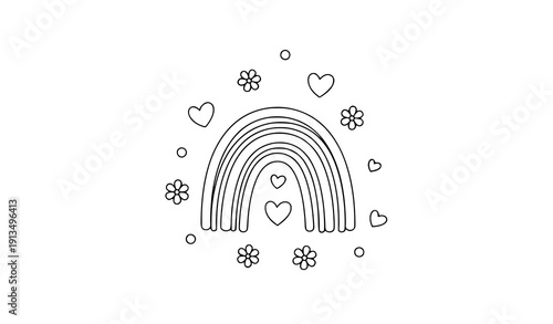 Minimal Line Art Baby Background with Rainbow Heart and Floral Doodle in Kids Sketch Style