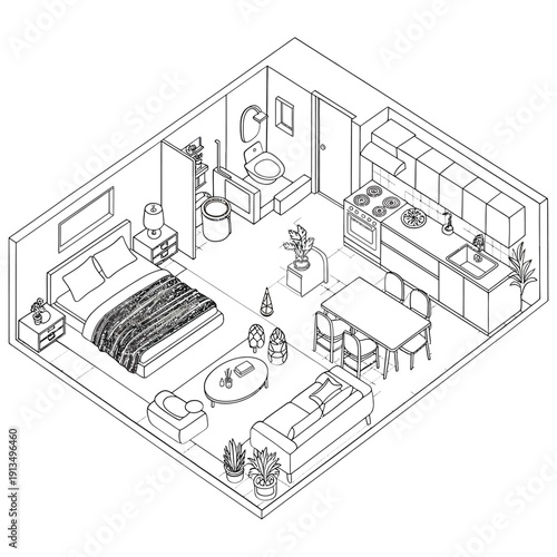 Isometric illustration of a small apartment interior with kitchen bedroom and living space