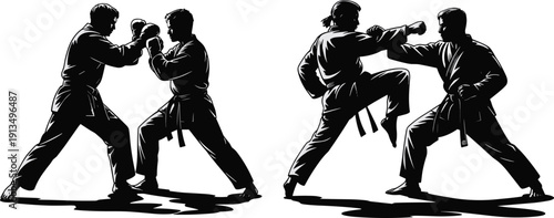 Dynamic martial arts sparring silhouette with fighters in combat poses, karate uniform training vector design for sports, discipline, and competitionDynamic martial arts sparring 