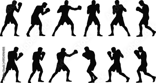 Dynamic boxing silhouettes showcasing punches, stances, and footwork movements for sports training, fitness, martial arts, and athletic illustration content