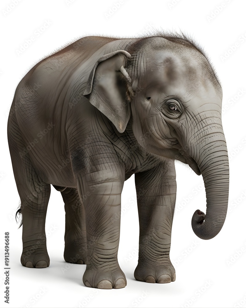 Fototapeta premium Baby Elephant Standing Isolated on White Background, Realistic Texture, Sharp Focus, Studio Shot