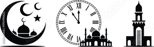 Islamic crescent moon mosque silhouette with minaret, prayer time clock, cultural architecture illustration, religious faith symbol vector art