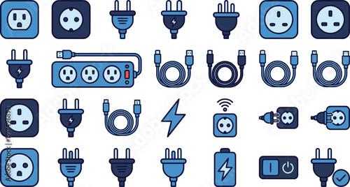 Vector illustration set of blue and indigo electrical plugs, sockets, power strips, and charging cables isolated on a white background.