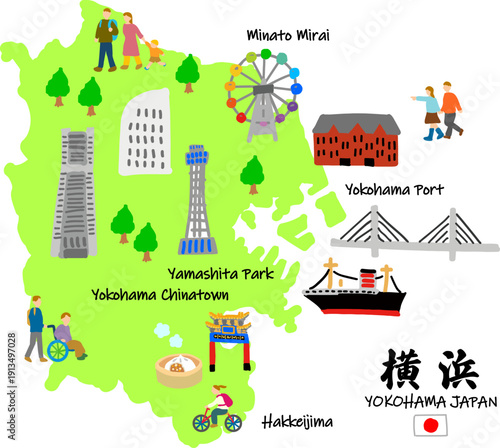 横浜旅行、手描きの観光スポットと観光客フラットイラスト