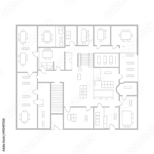 Simple grayscale floor plan depicting office spaces and common areas