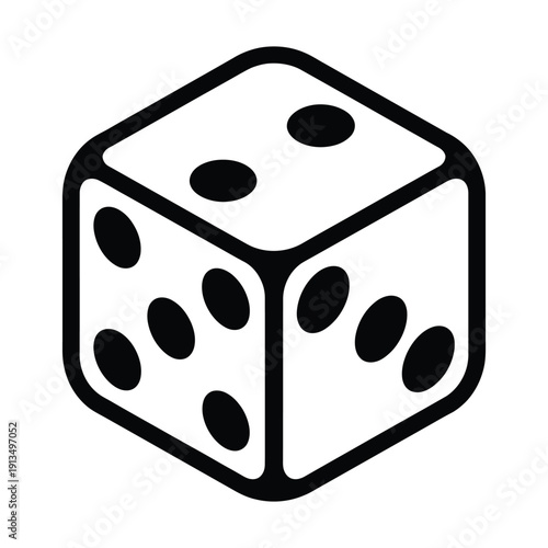 A black and white illustration of a single dice with visible sides