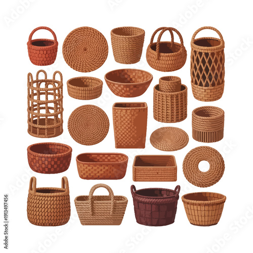 Natural Rattan And Bamboo Basket Assortment With Different Weaving Patterns