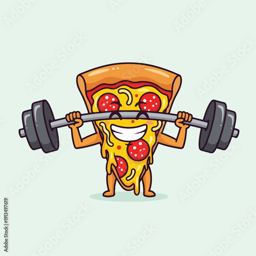 A cartoon pizza slice is lifting a barbell in a gym setting