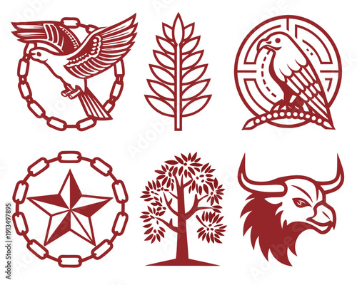 Heraldic Vector Emblems Set. Stylized Monoline Logo Graphics featuring Dove, Eagle, Bull, Star Badge, and Tree, ideal for Branding and Vintage Design.